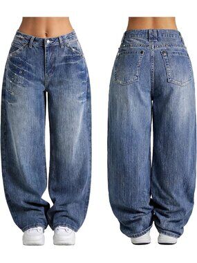 Women Dark Blue Denim Pants Y2k Pull On Wide Leg Waisted Mid Rise Baggy Jeans